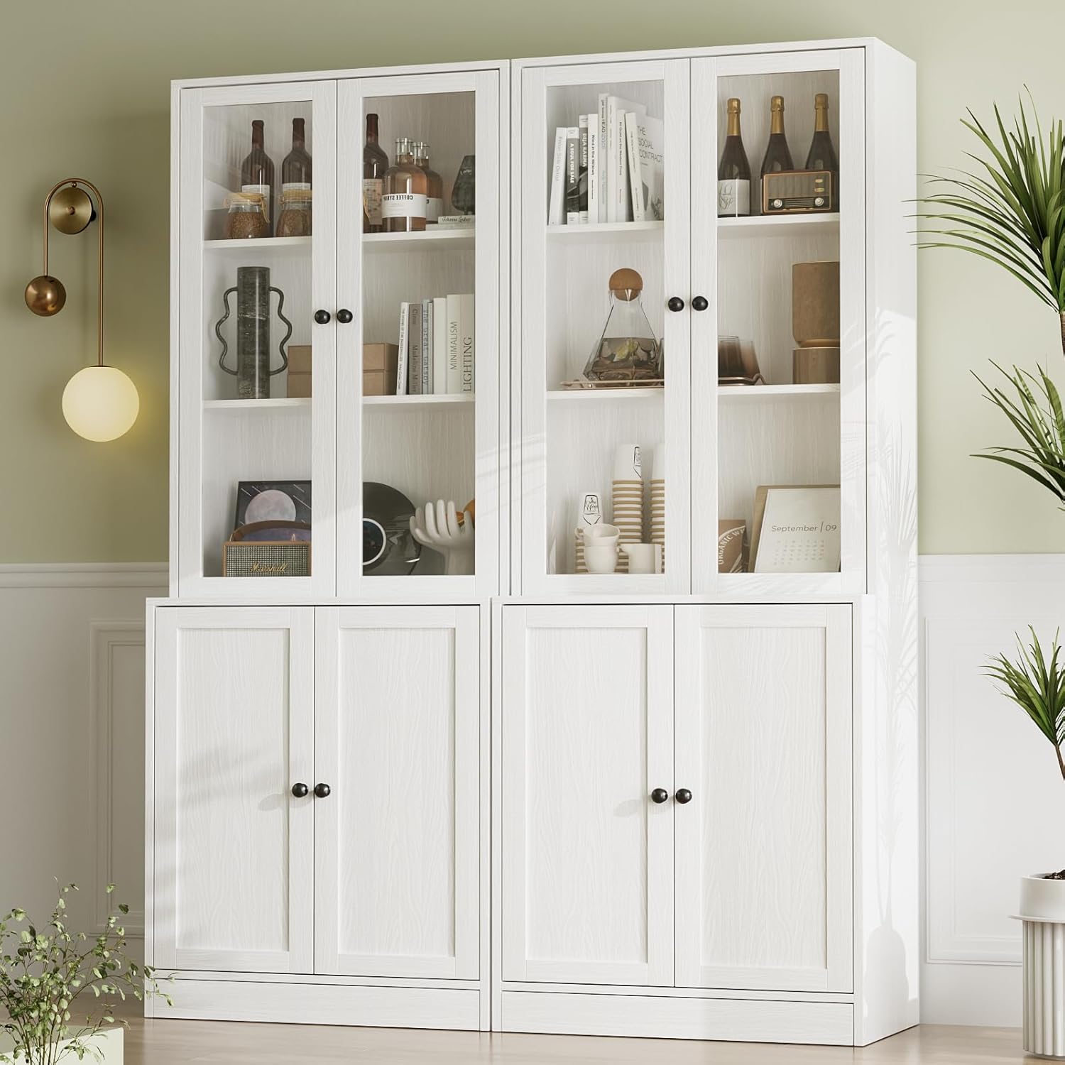 VOWNER 4PSC Großer TV-Schrank mit Bücherregalen für Fernseher bis zu 70 Zoll, 280 cm Long tv Ständer mit gehärteten Glastüren und Einlegeböden, fernsehschrank für Wohnzimmer, 2B+2D (Weiß)
