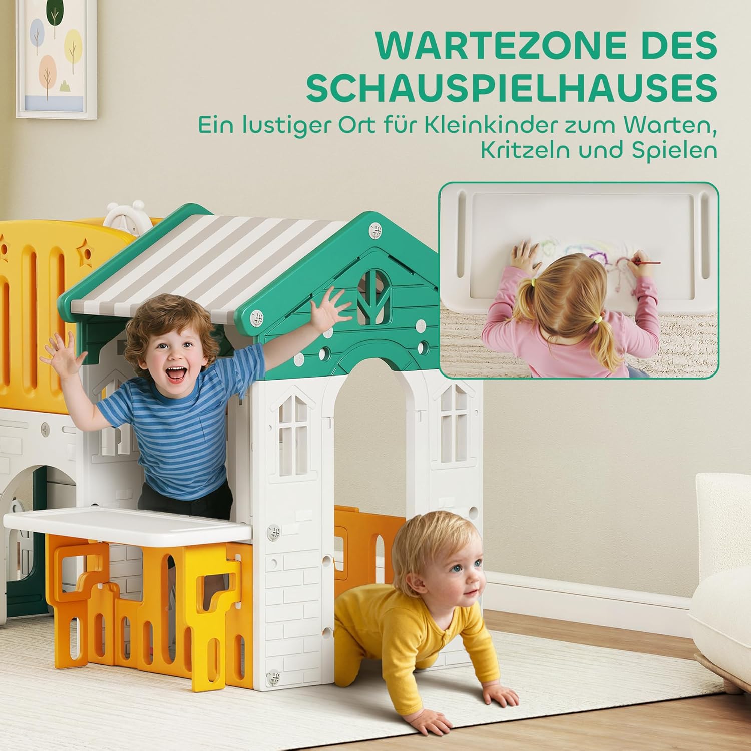 AIYAPLAY 7 in 1 Kinderrutsche mit Klettergerüst Kleinkindrutsche mit Basketballkorb, Tunnel, Teleskop, Stauraum, Spielhaus, Indoor und Outdoor Spielplatz für Kleinkinder 1-4 Jahre, Gelb+Grün