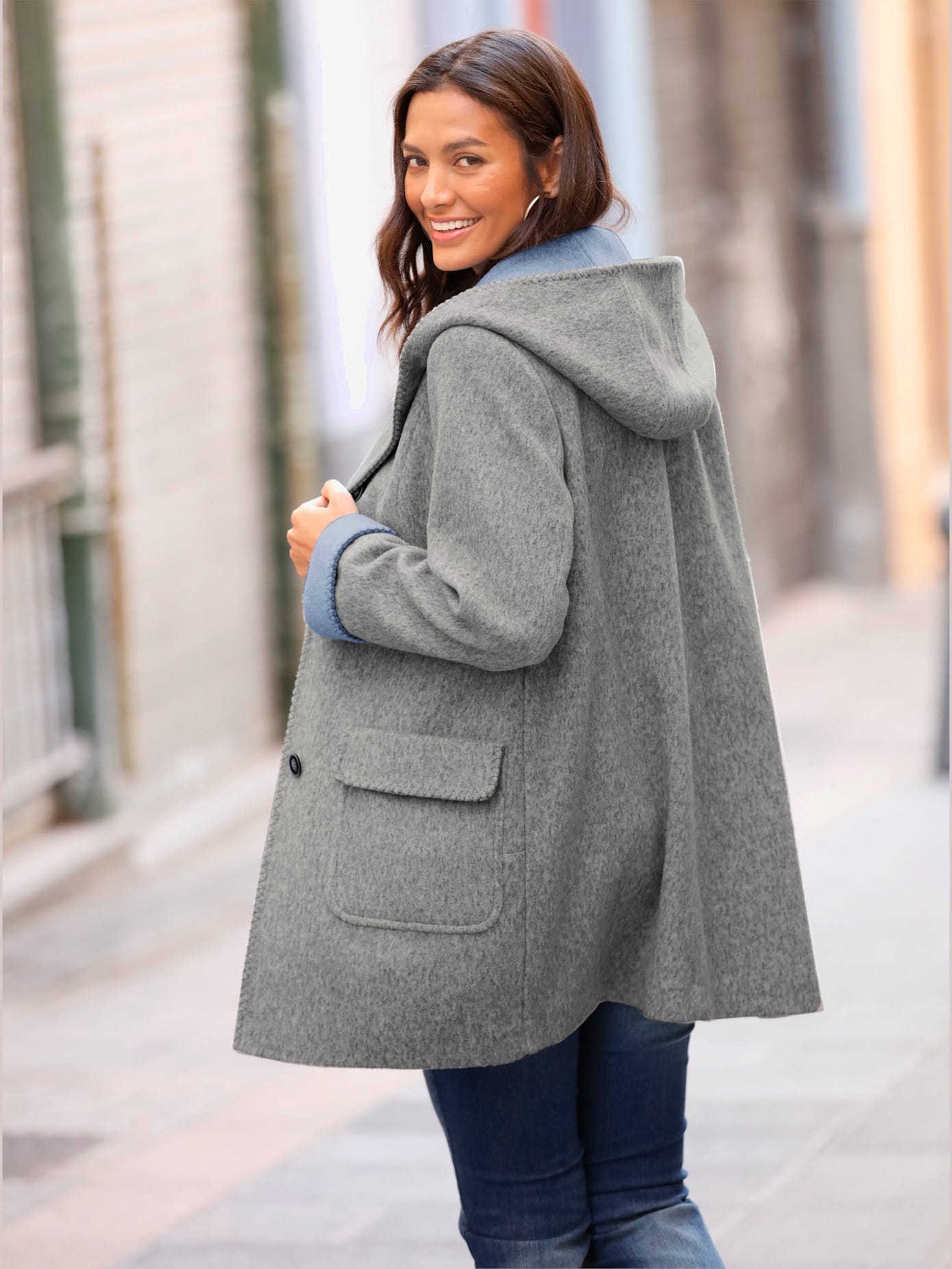 Manteau imitation laine poches plaquées à rabat avec capuche