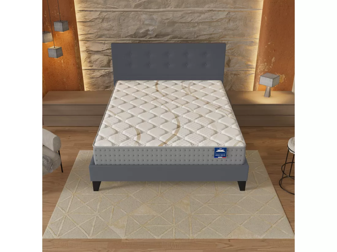Ensemble Matelas + Lit Avec Tête De Lit 140x190 Cm, Essem 25cm D’épaisseur Mousse Haute Densité