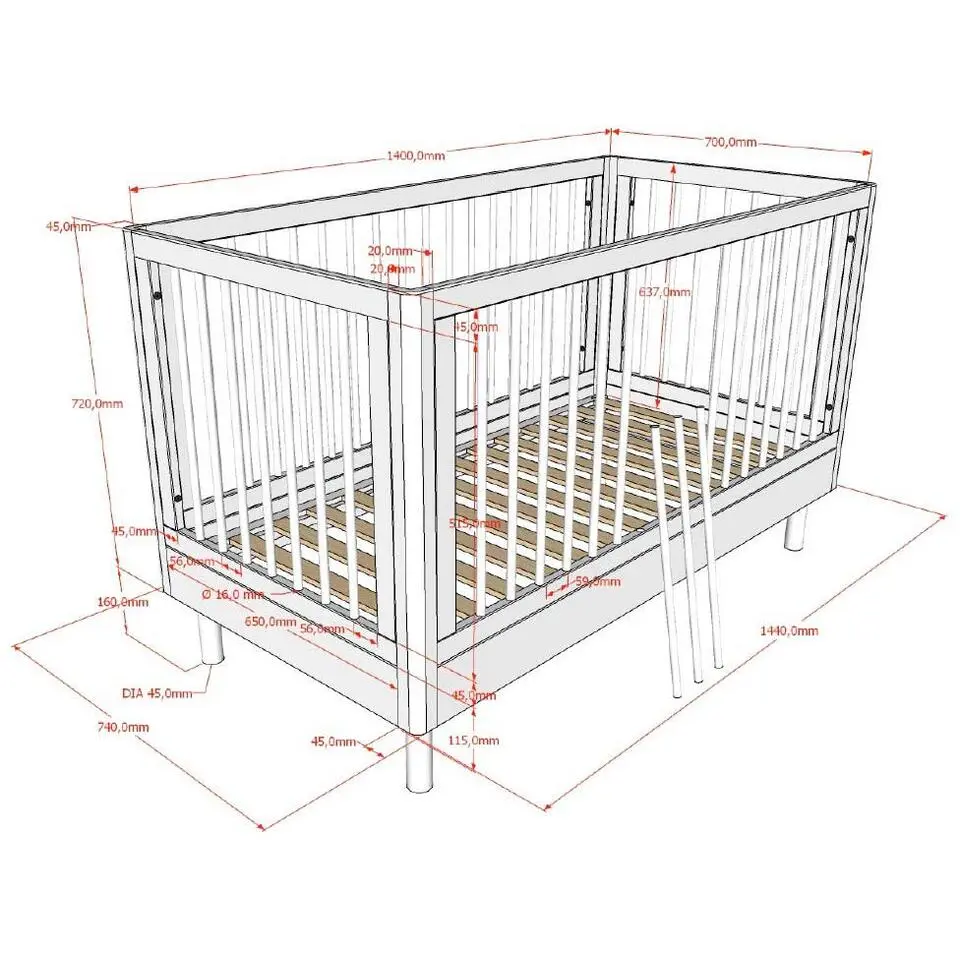 Babybed Forrest 70 x 140cm - verstelbaar - wit beukenhout