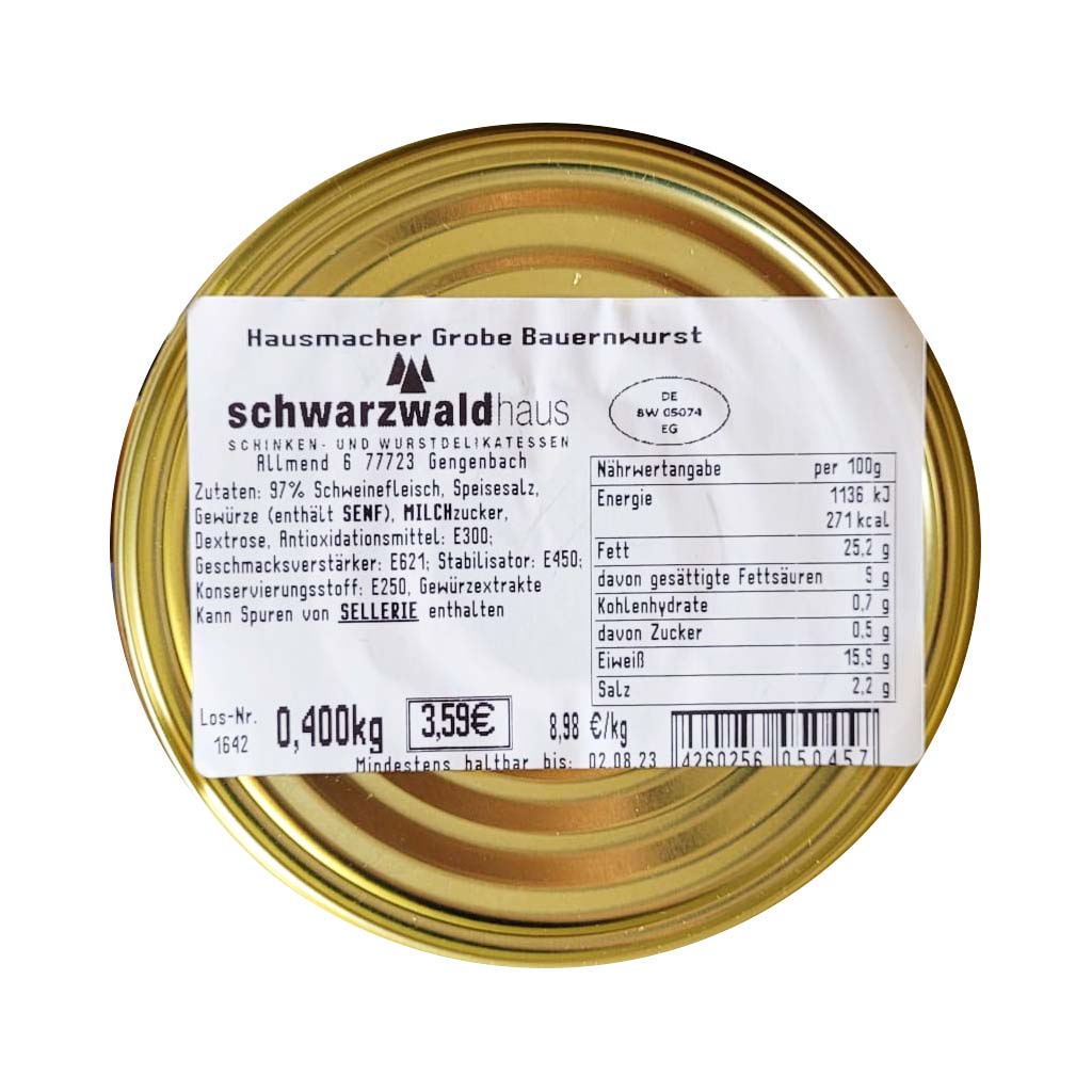 Schwarzwaldhaus Original Grobe Bauernwurst 400g Goldglanzdose MHD:3.12.25