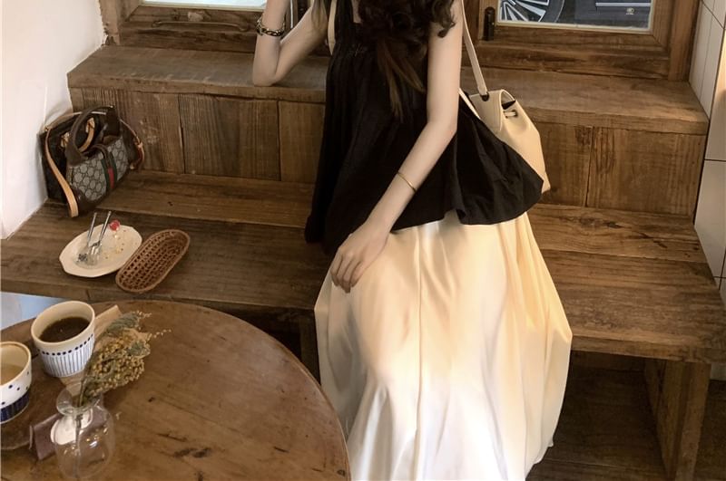 Monroll - Top met ruches en vierkante hals, effen camisole / A-lijn rok met hoge taille