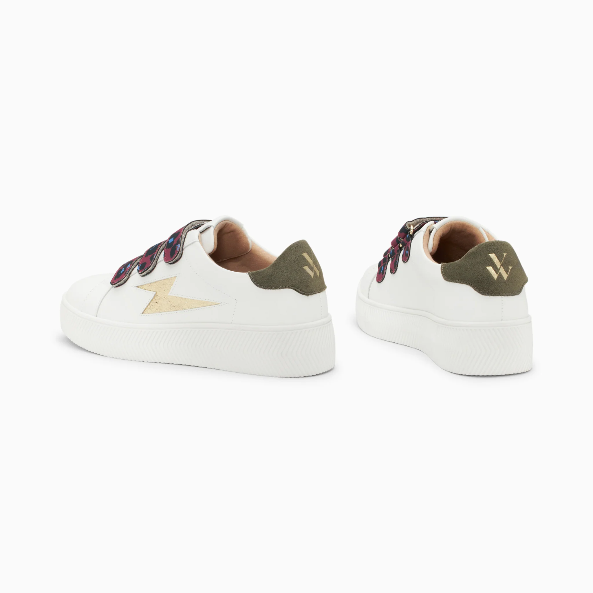 Sneakers-Baskets éclair Noura blanc et or à scratchs léopard