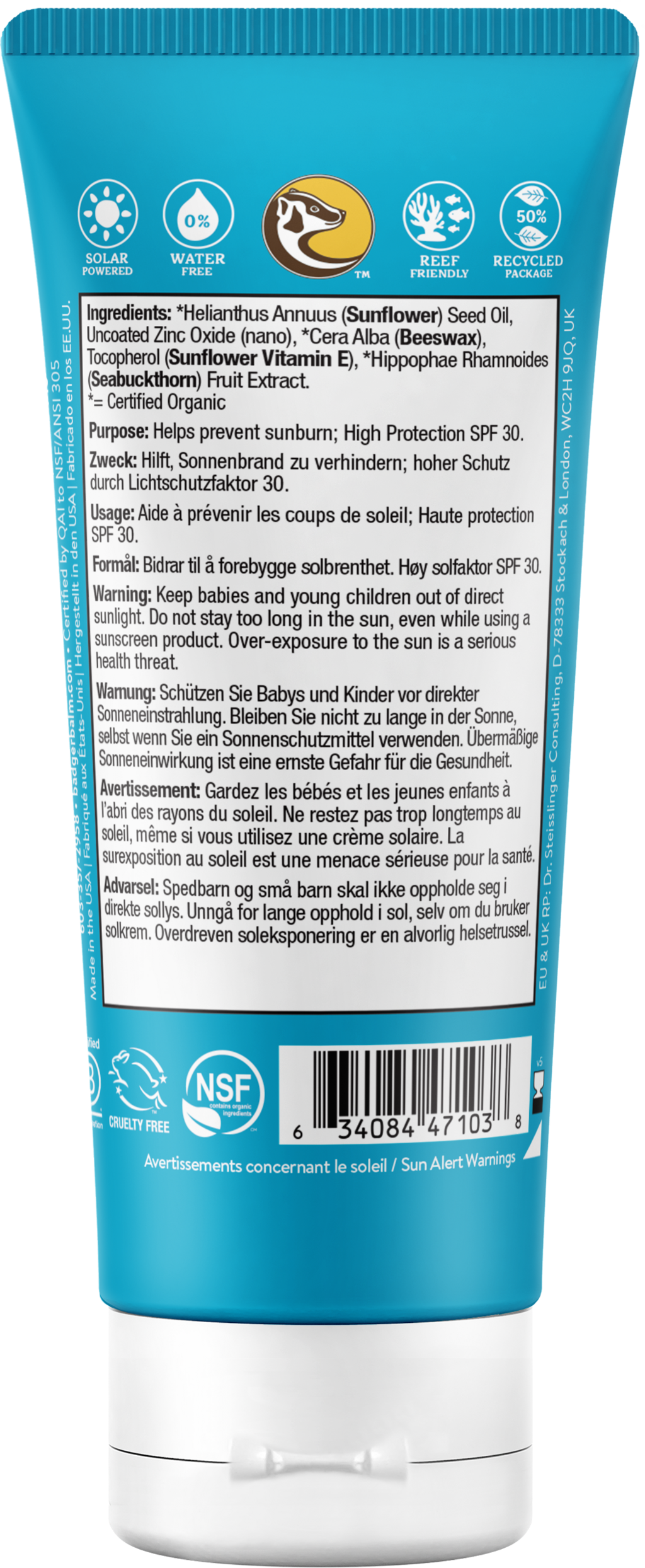 Badger Balm  Sunscreen Cream Unscented SPF 30, 87 ml
