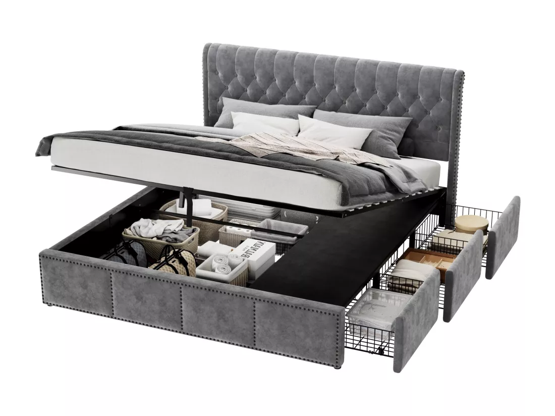 Lit coffre 160 x 200 cm avec tête de lit et 3 tirois - Décor rivet - Velours - Gris (sans matelas)
