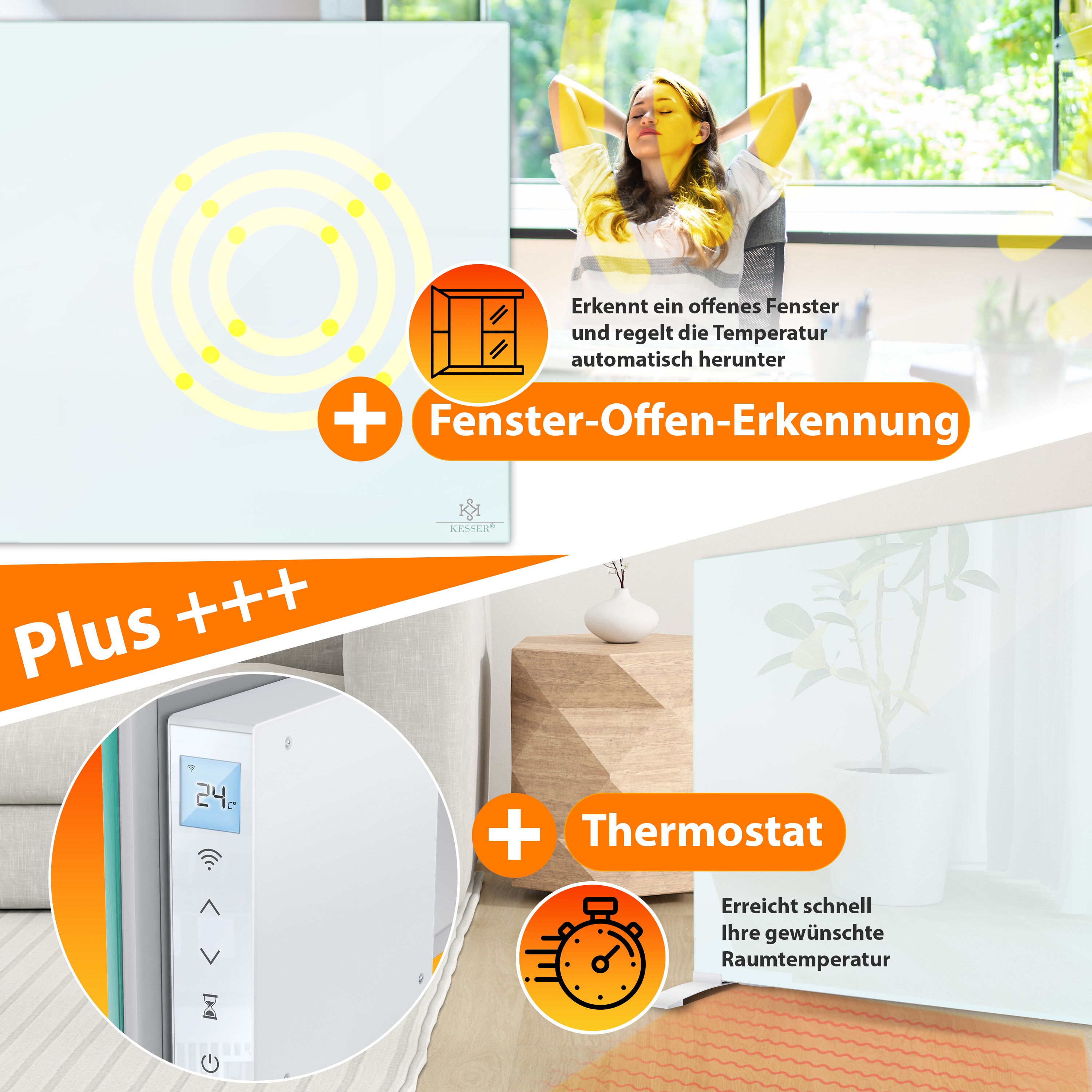 KESSER® Infrarotheizung Glaskonvektor Glasheizung Energiesparend 2in1 Standgerät & Wandmontage Elektroheizung mit Erkennung Offener Fenster + Fernbedienung & App-Steuerung Thermostat Heizpaneel