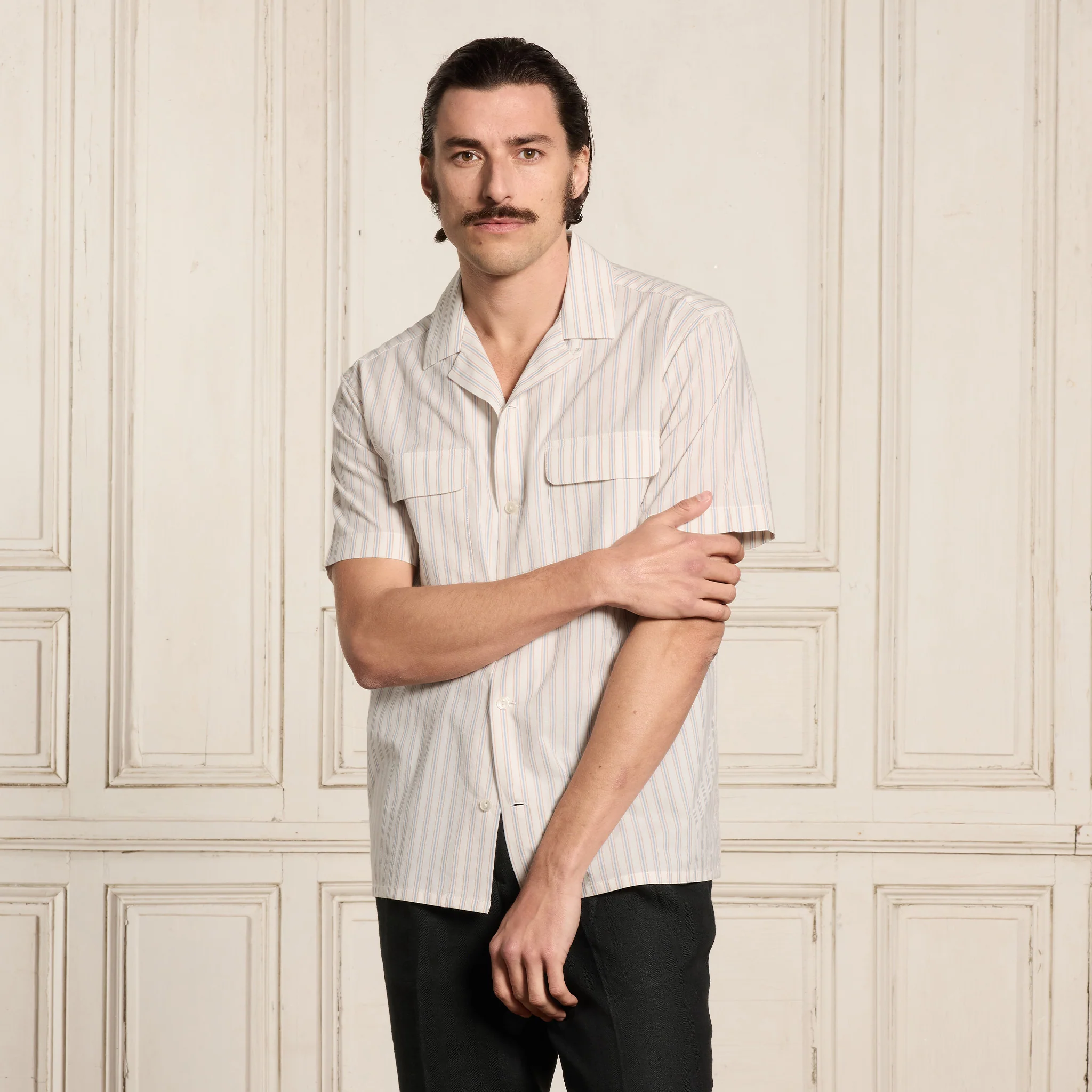 Beige Striped Short Sleeve Shirt