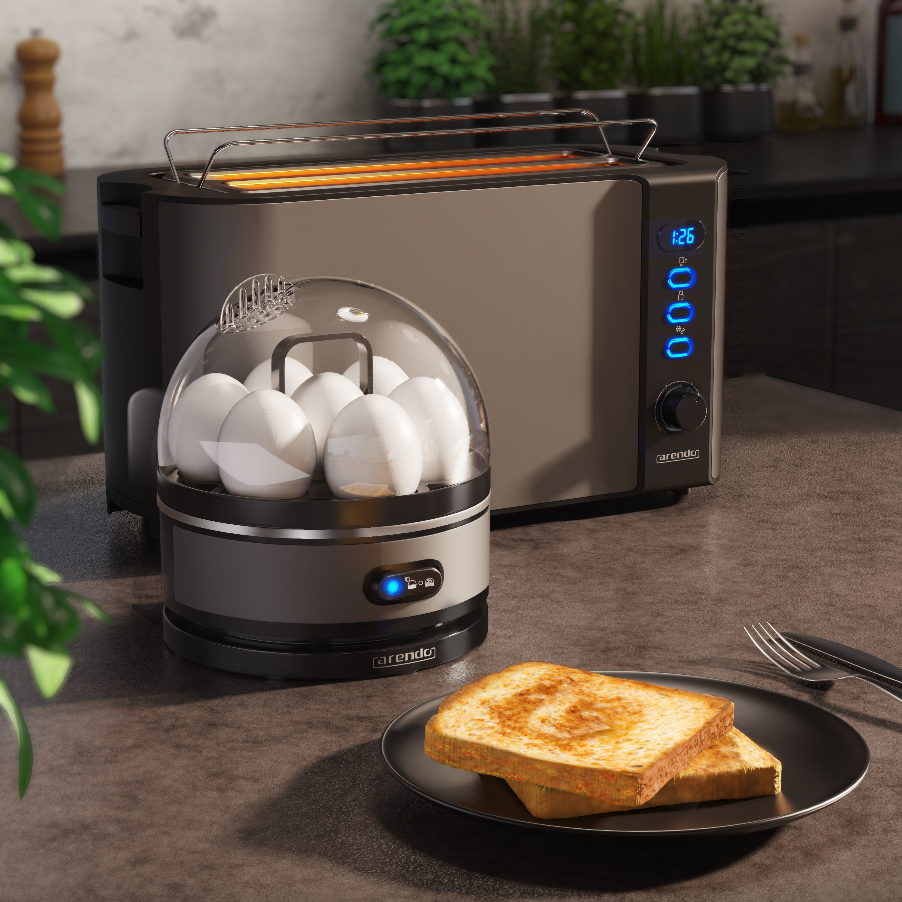 Arendo - SET Toaster FRUKOST mit Eierkocher SEVENCOOK Edelstahl Grau, Toaster 4 Scheiben, LED-Display, 6 Bräunungsgrade, Brötchenhalter - Eierkocher