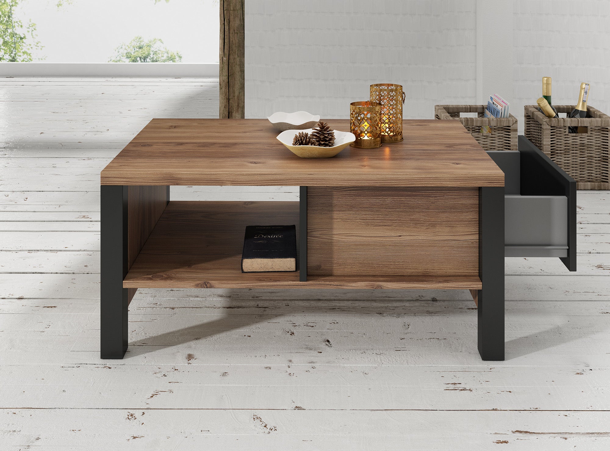 Olivia - Salontafel met lade - Zwart/eiken