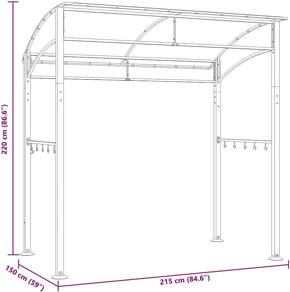 vidaXL BBQ Pavillon 10 Haken Witterungsbeständig Grillpavillon Grillzelt Grillüberdachung Grill Zelt Dach Überdachung 215x150x220cm Anthrazit Stahl