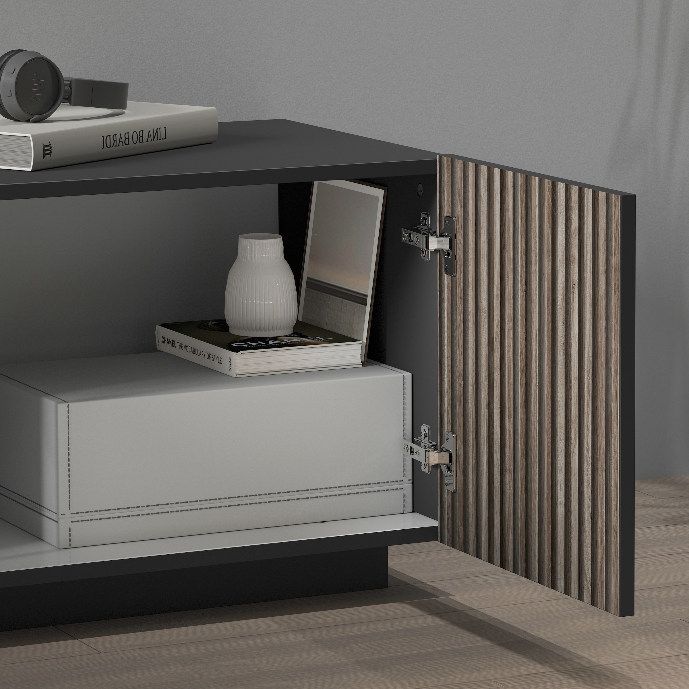 INOSIGN Lowboard »Vega,Lowboard,TV Board,TV Schrank,220 cm« mit 4 Türen und 1 Schublade,Fronten mit Rillen-Optik