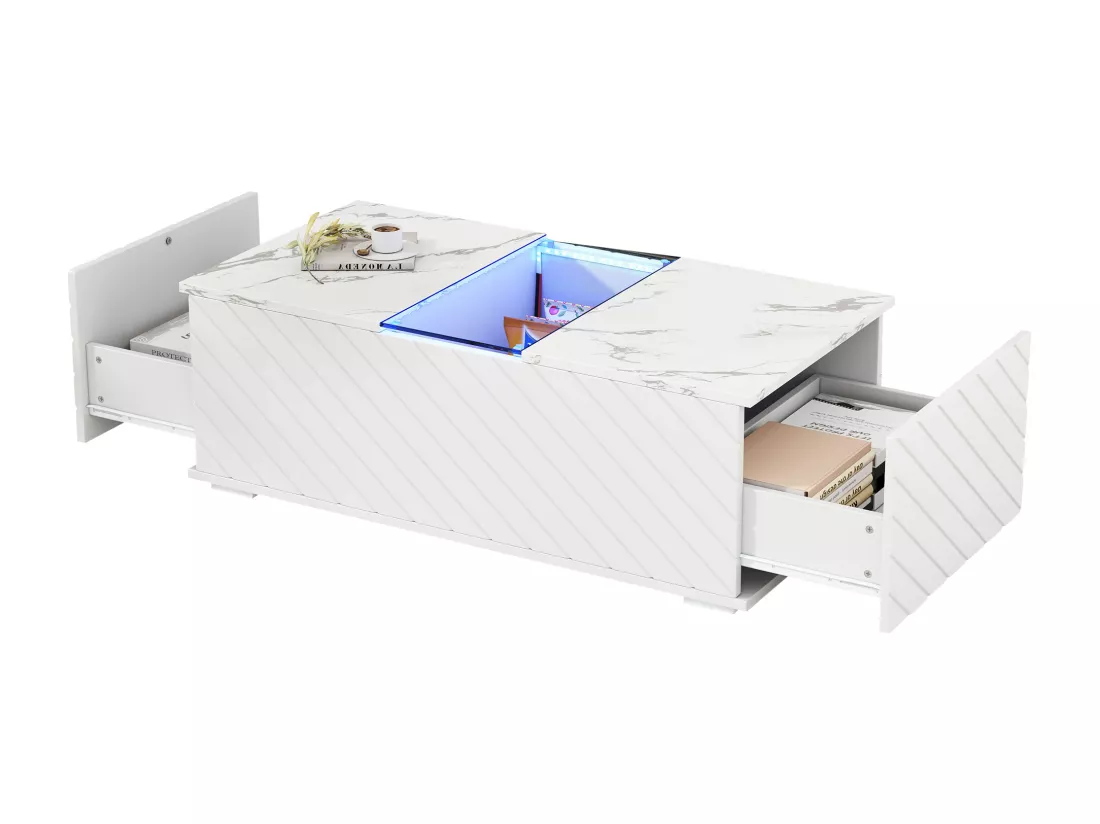 Table basse moderne - aspect marbre - avec LED et rangements - Blanc