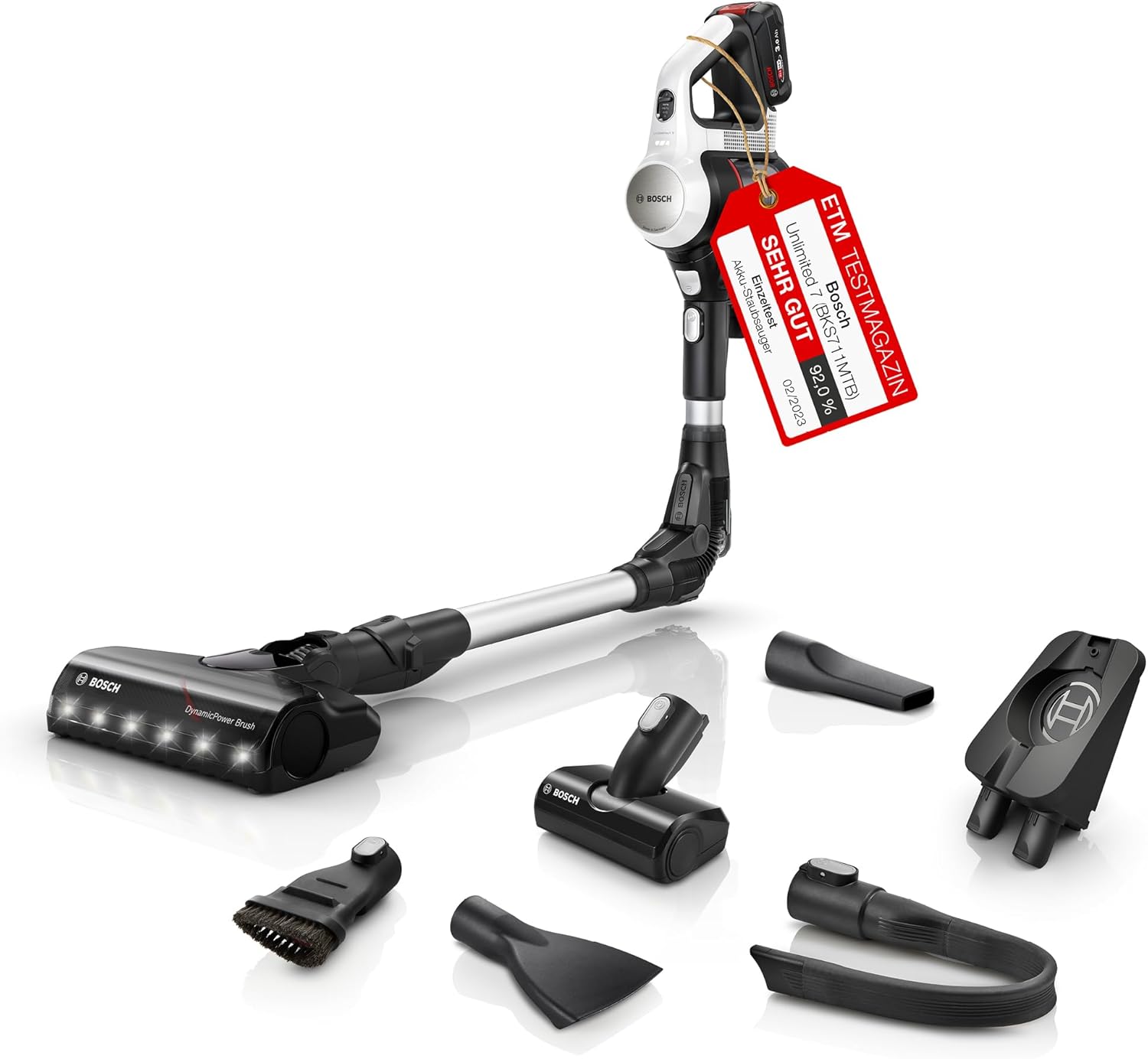 Bosch Akku-Staubsauger Unlimited 7 BKS711MTB, kabelloser Handstaubsauger, beutellos, Wechselakku, Knickrohr, Hygiene-Filter, 10 Jahre Motorgarantie, Mini-Turbo-Düse, LED-Beleuchtung, Turbostufe, weiß