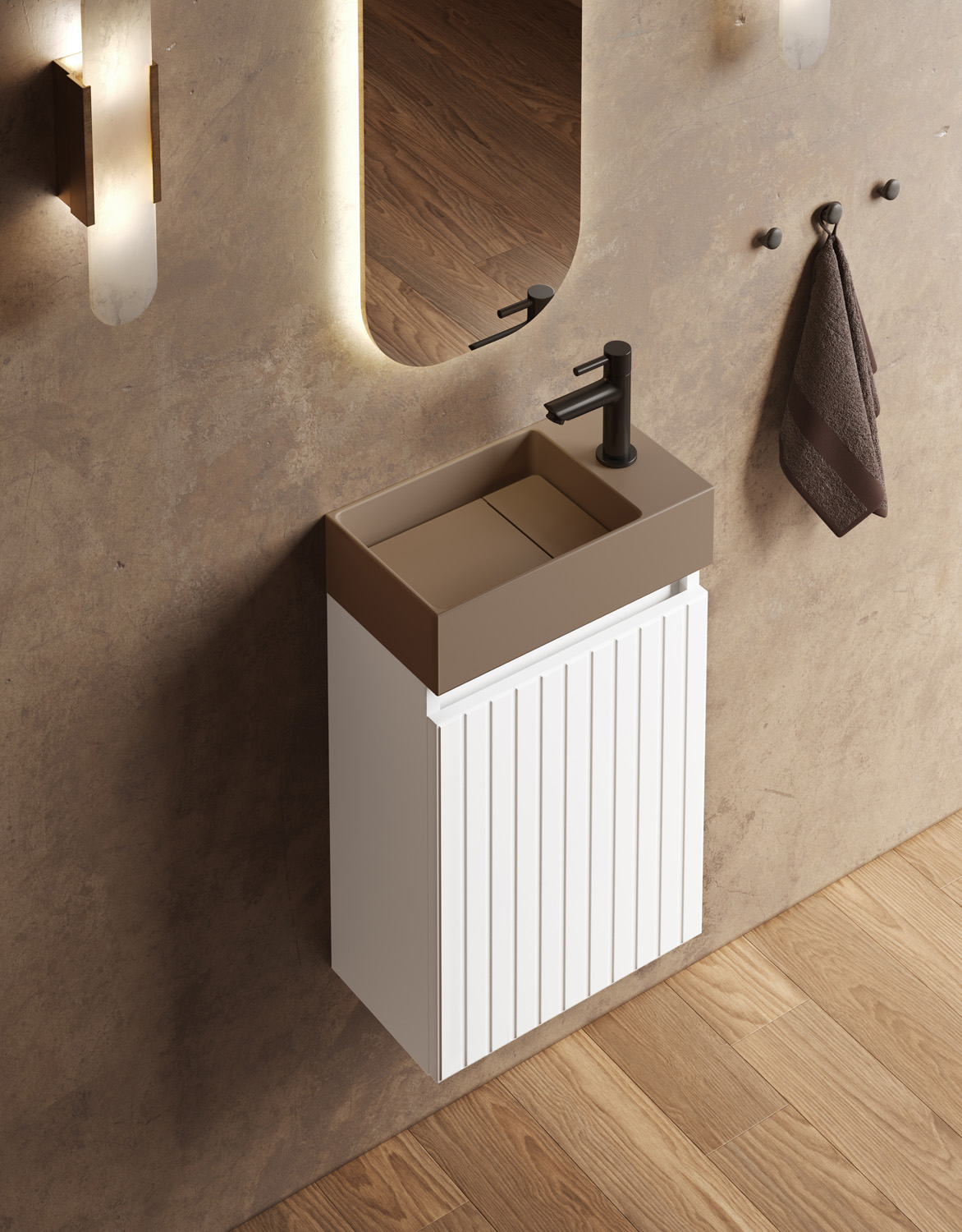 Fontana Itsie toiletmeubel mat wit ribbelfront 40cm met fontein in mat taupe