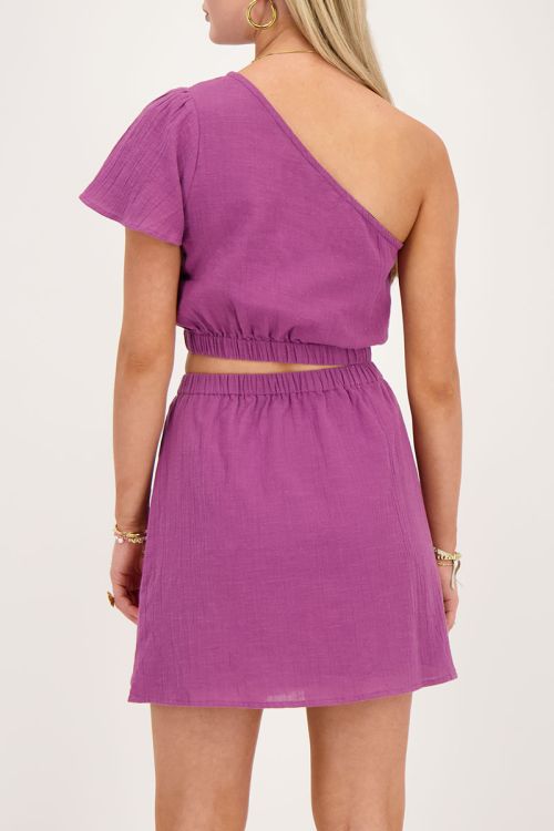 Paarse one-shoulder jurk met cut-out