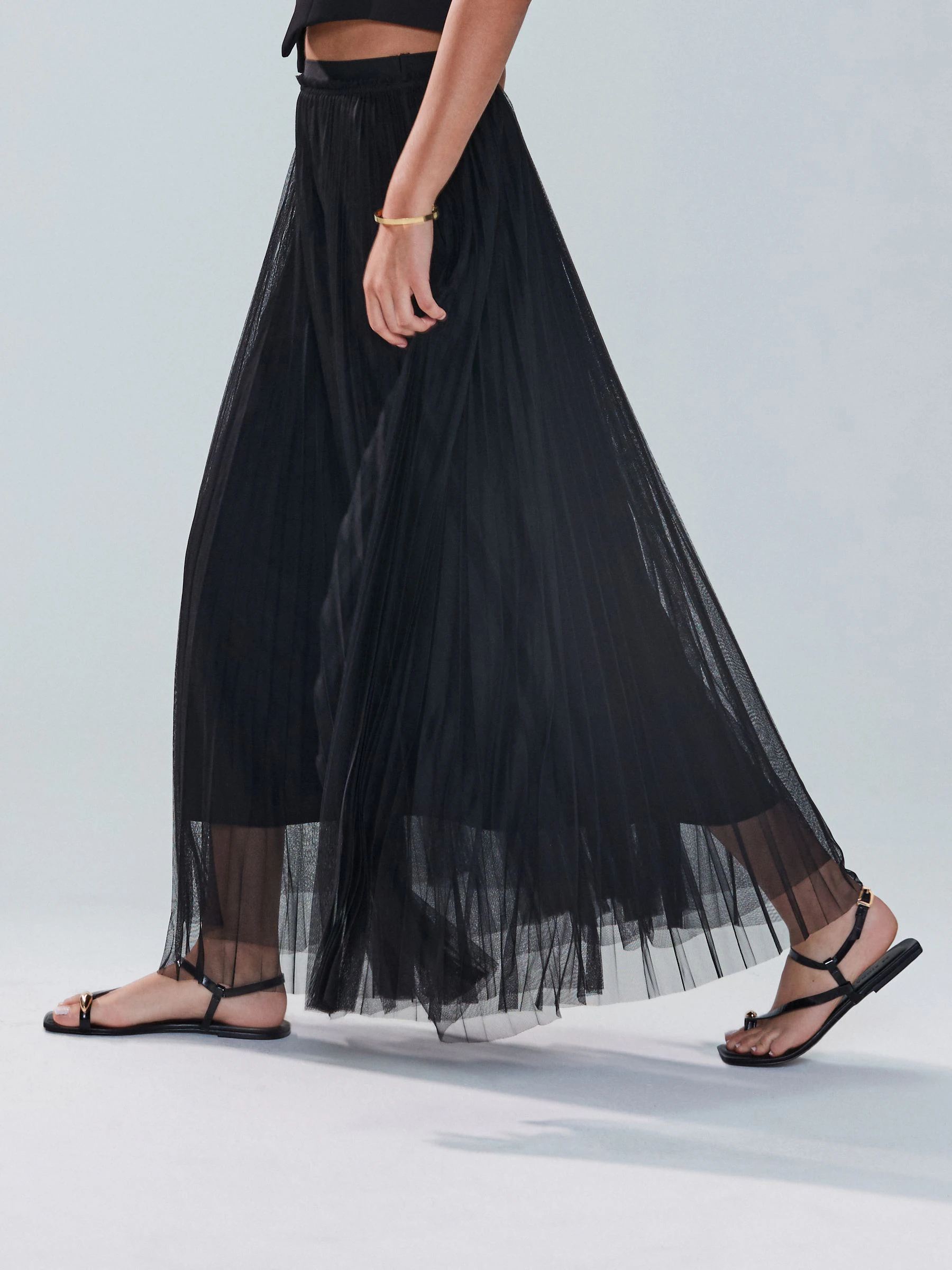 Zwart - Pleated Mesh Tulle Maxi Skirt