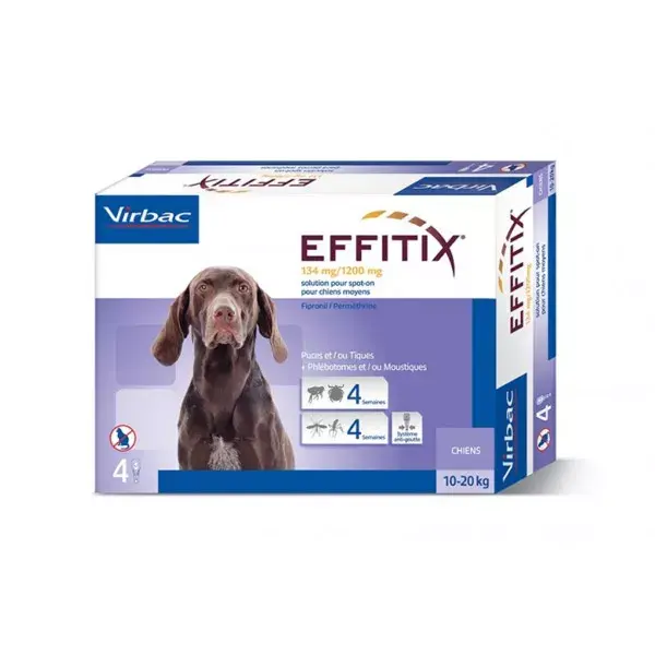 Virbac Effitix Inseticida para Cães 10-20kg Pipetas de Aplicação Única Caixa com 4 unidades