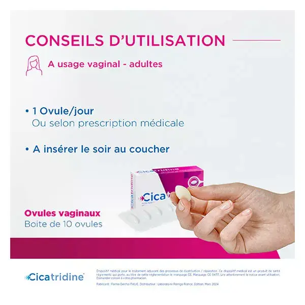 Supositórios vaginais de cicatridina para cicatrização e secura íntima, 10 unidades.