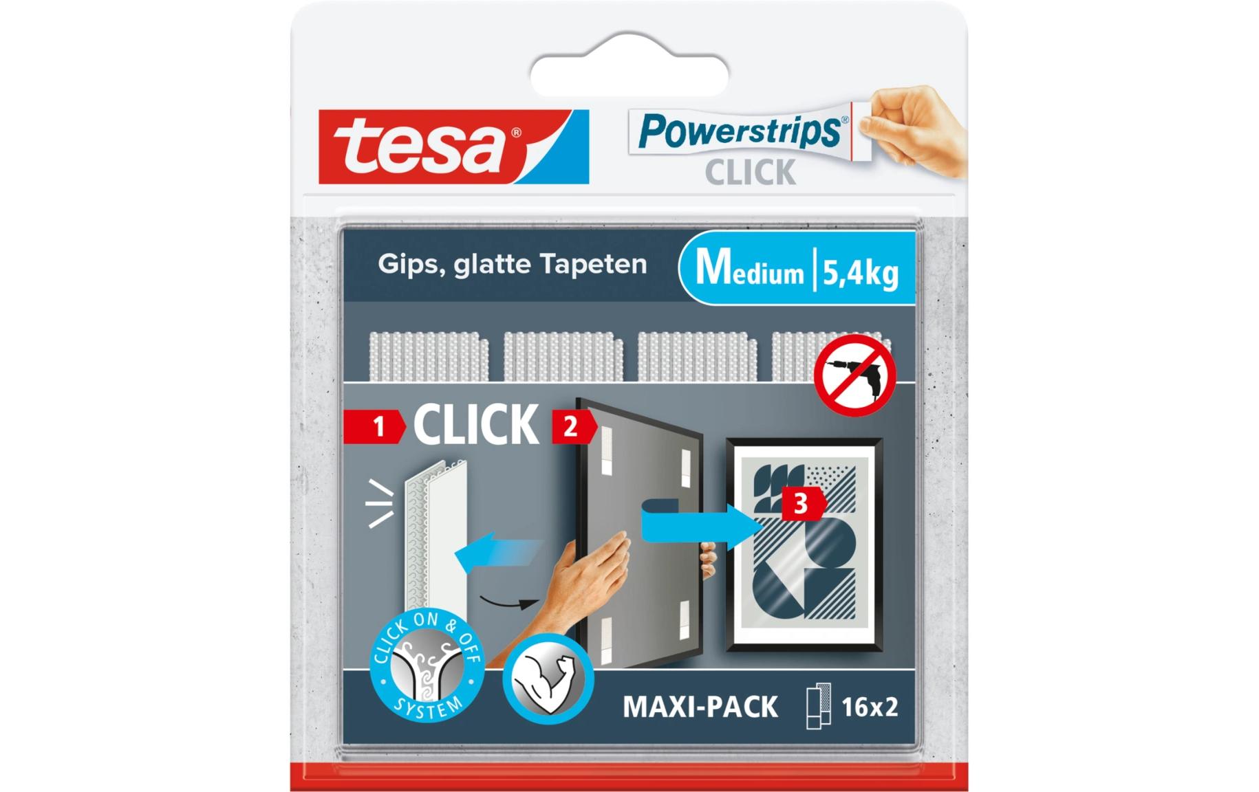 Montagestreifen Powerstrips CLICK Medium 16 Paar, 5.4 kgKlett-Klebepads zum An- und Abklicken von Bilderrahmen und Wanddekorationen ohne Bohren