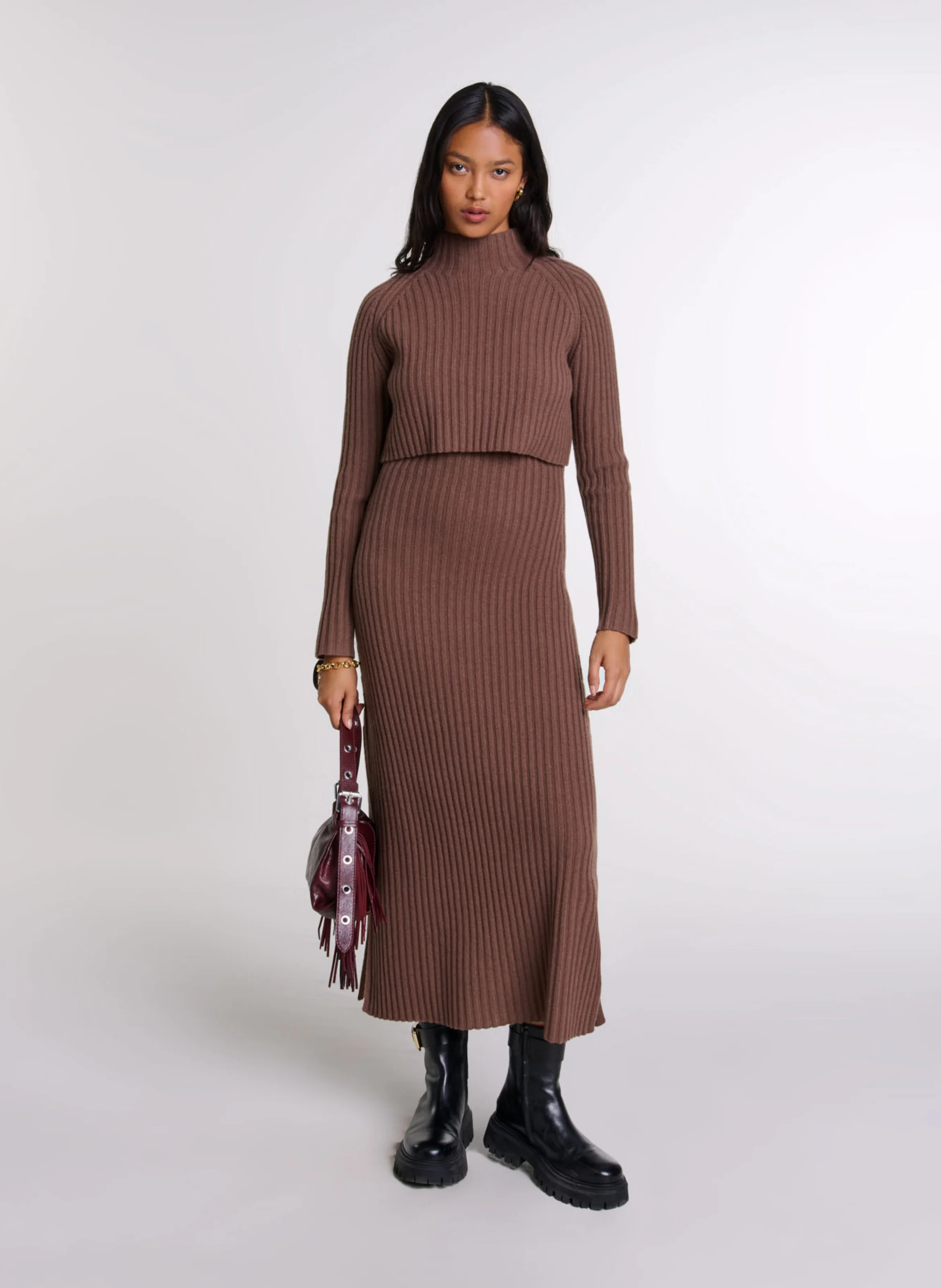 Robe longue deux-en-un en laine| Marron