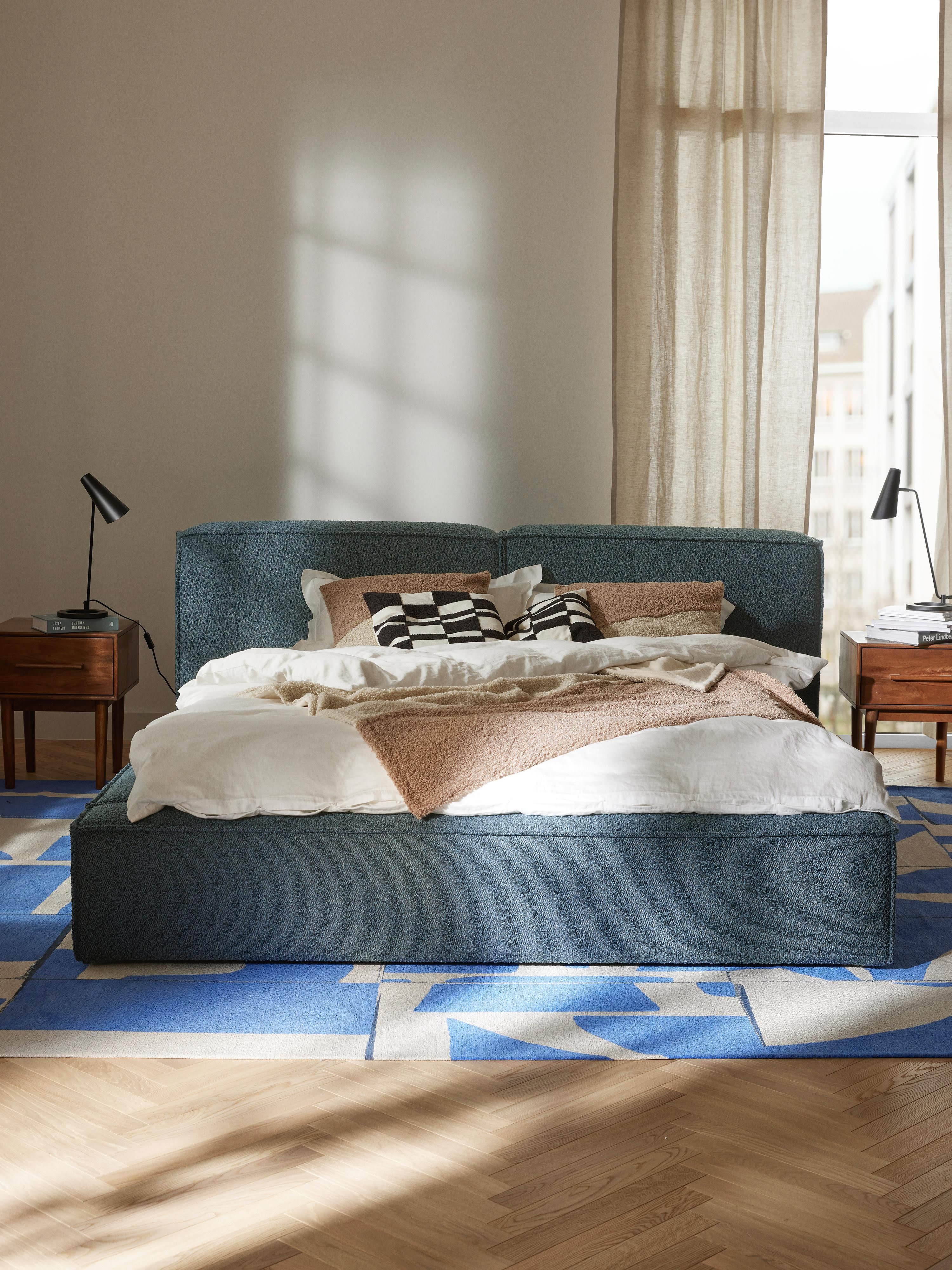 Bouclé gestoffeerd bed Lennon met opbergruimte