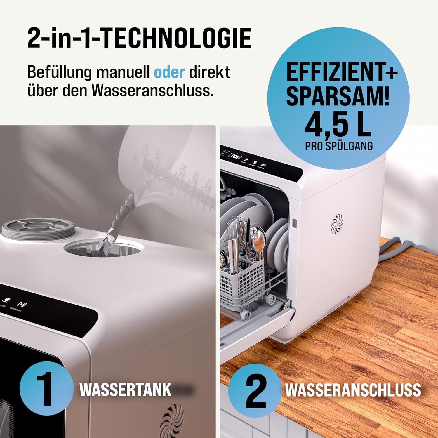 MONZANA® Tischspülmaschine ohne Wasseranschluss App Funktion sparsamer Verbrauch 4,5L 6 Programme 4 Gedecke 45cm Mini Geschirrspüler Spülmaschine Weiß