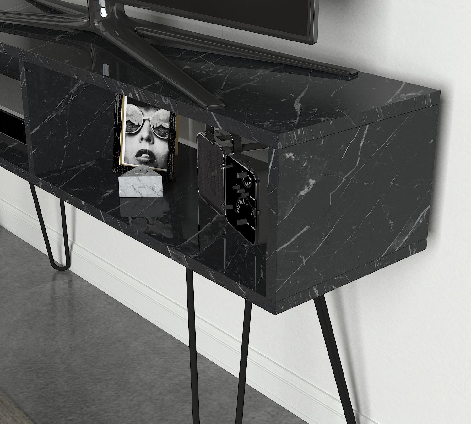 TV Lowboard Alya mit Metallfüße Marmor Optik