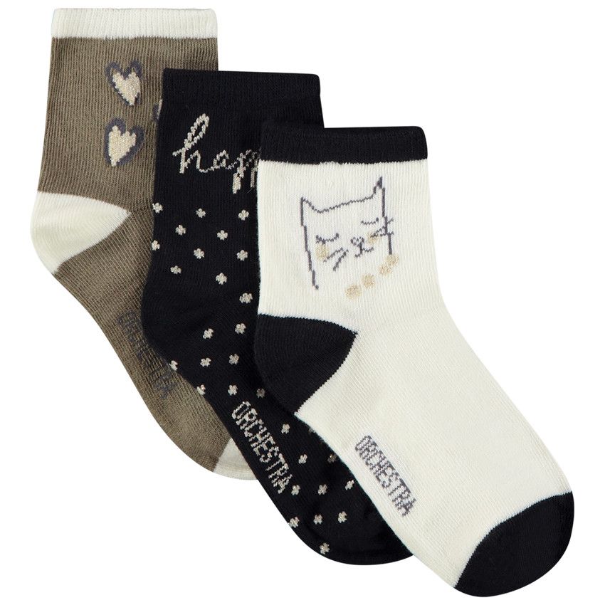 Lot de 3 paires de chaussettes fantaisie chat pour fille - Vert