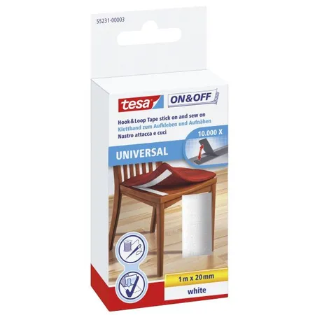 tesa On & Off Klettband zum Aufkleben und Aufnähen, weiß
