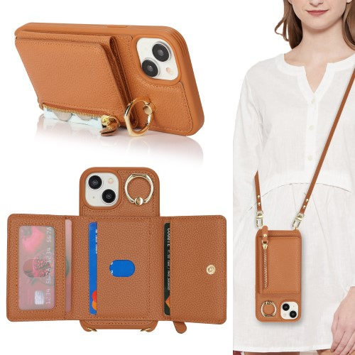 iPhone 14 / iPhone 13 Necklace Leder Hülle mit Münzfach und Kartenfächer   Finger Griff Halterung   Handykette - Braun