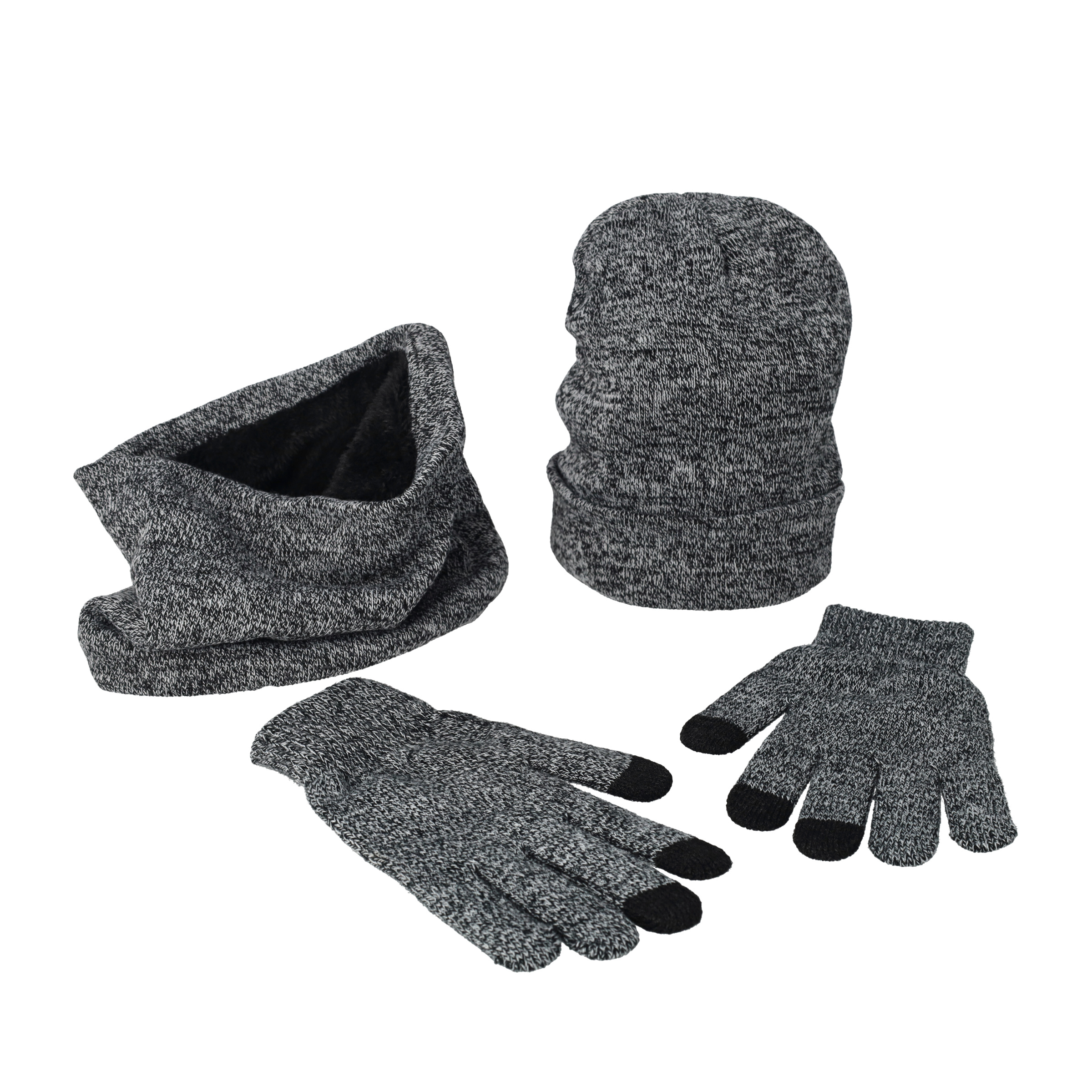 (3-tlg. Set) Unisex Winter Schlauch Schal / Mütze / Touchscreen Handschuhe (OneSize) - Grau