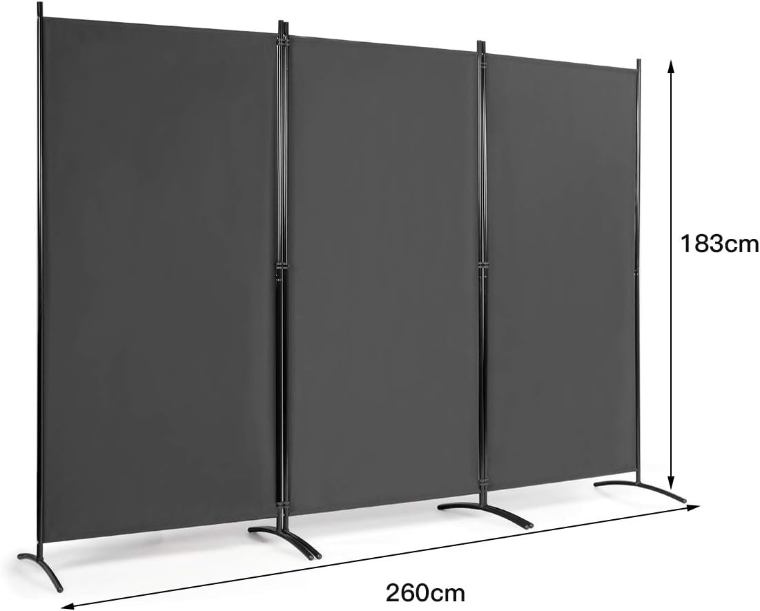 COSTWAY 260 x 183cm Raumteiler, Paravent 3 teilig klappbar, Trennwand Wandschirm aus Metall & Polyester, Sichtschutz Room Divider Innen für Zuhause Büro Terrasse (Grau, 3-teiliger) HH5082837