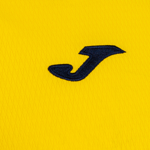 Camiseta Joma Eco Championship de manga curta, azul marinho e amarela.
