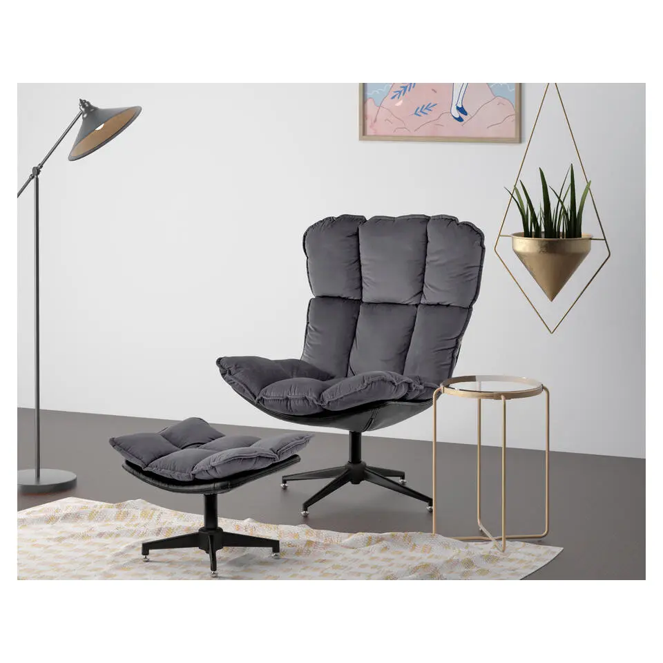 Pilou - Fauteuil met hocker in fluweel in antraciet