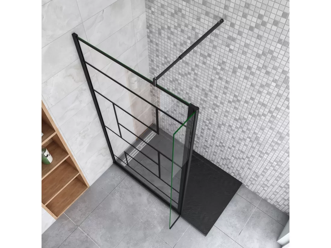 Paroi de douche fixe à l'italienne 70+40x200cm avec retour pivotant - Noir - avec barre de fixation 70-120cm en cylindrique