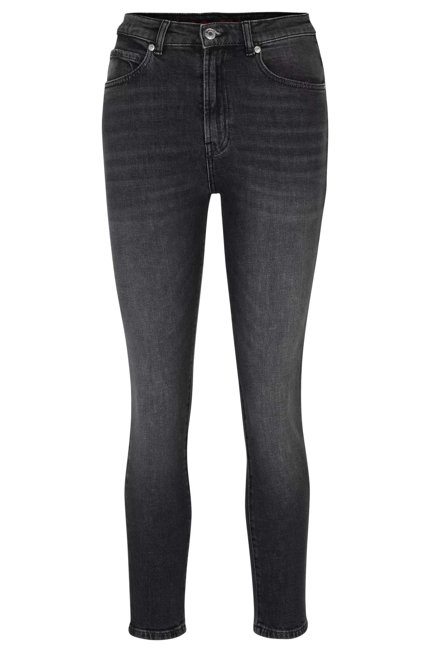 Calça jeans HUGO vermelha, corte slim, em denim stretch preto.