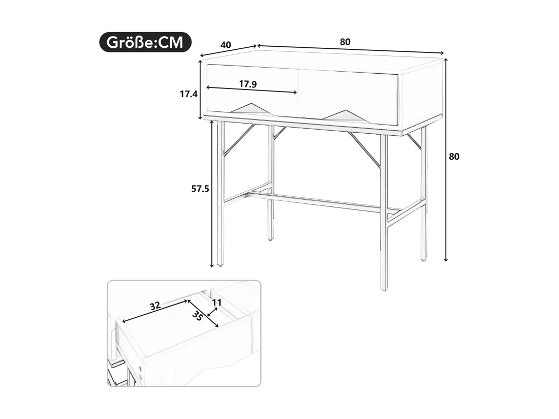 Table console moderne avec 2 tiroirs - 80 x 40 x 80 cm - MDF - pour salon, couloir - blanc + or
