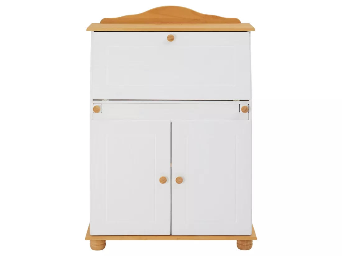 Bureau secrétaire DAVID avec abattant rangement plusieurs étagères 2 portes plan de travail rabattable, en pin massif blanc et brun