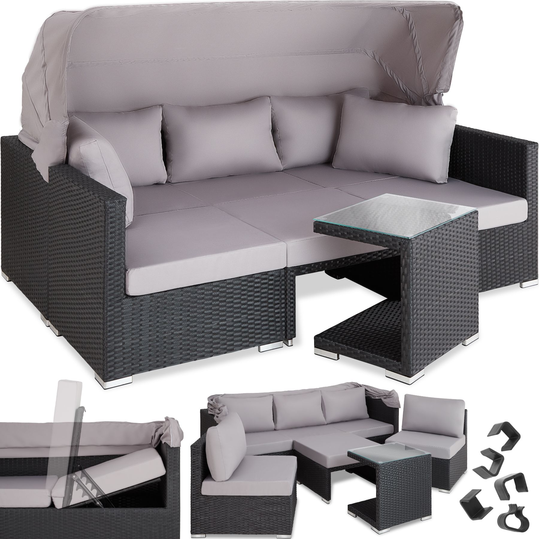 tectake® Rattan Lounge, mit Aluminiumgestell, wetterfest und UV-beständig, mit klapparem Sonnenschutz, mit Sicherheitsglasplatte, variabel aufstellbar