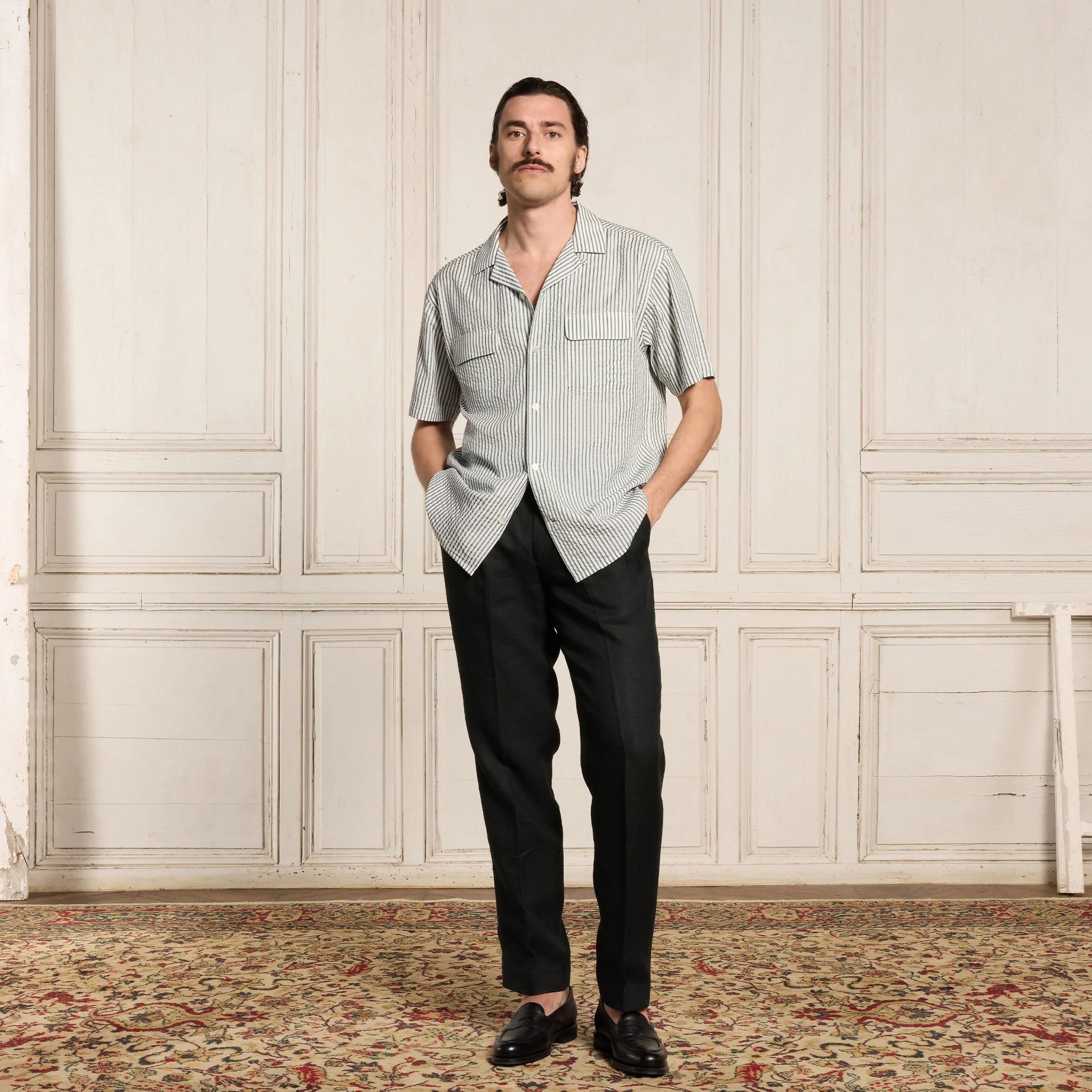 Green Striped Tencel Short Sleeve Shirt