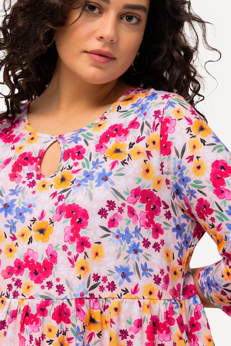 Jerseykleid, Blumen, Rundhals, Keyhole, 3/4-Arm