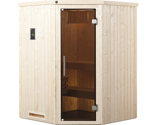 Weka Kiruna GT Gr.1 modulaire sauna inclusief 3,6 kW biooven en digitale bediening, zonder raam, met grafietkleurige volledig glazen deur.