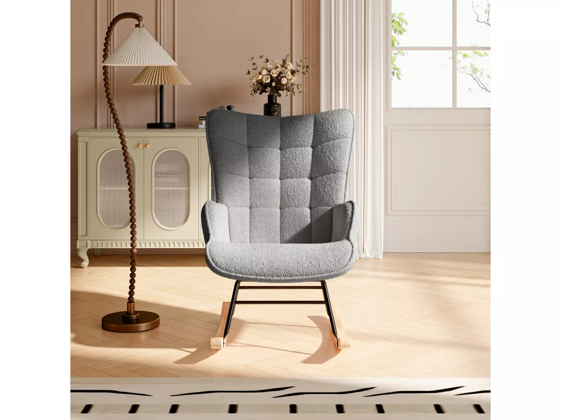 Fauteuil de salon, rocking chair, motif à carreaux, tissu gris foncé et pieds en hêtre, 68 x 75 x 92 cm