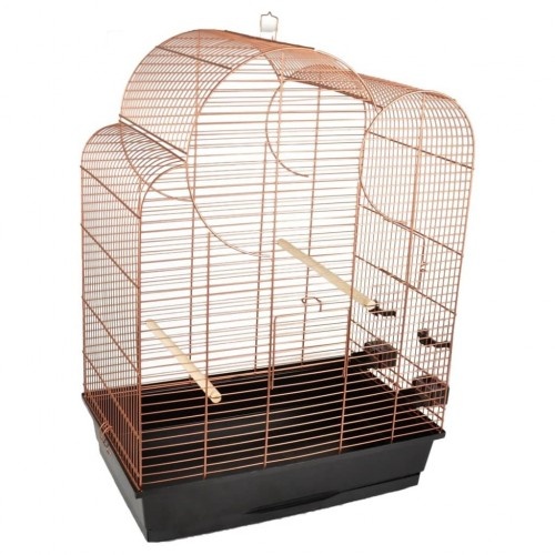Gaiola grande para pássaros em cobre e preto.