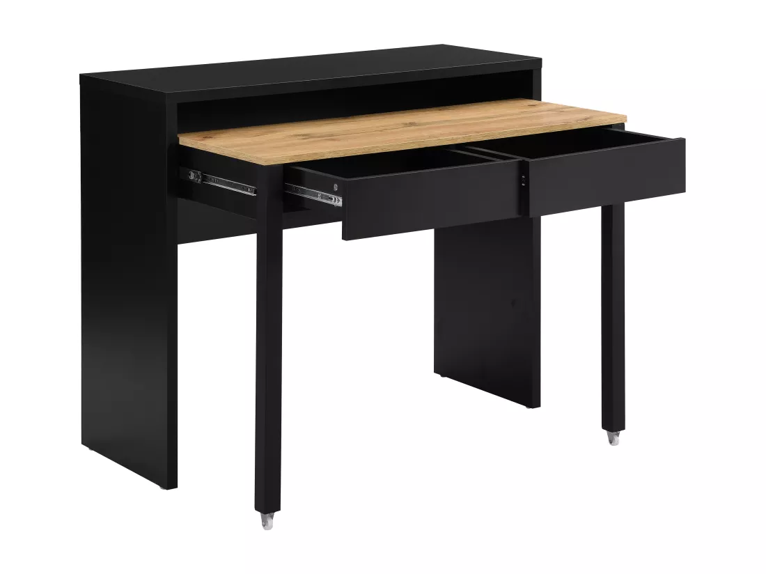 Bureau console extensible avec 2 tiroirs - Noir et naturel - LOAVIA