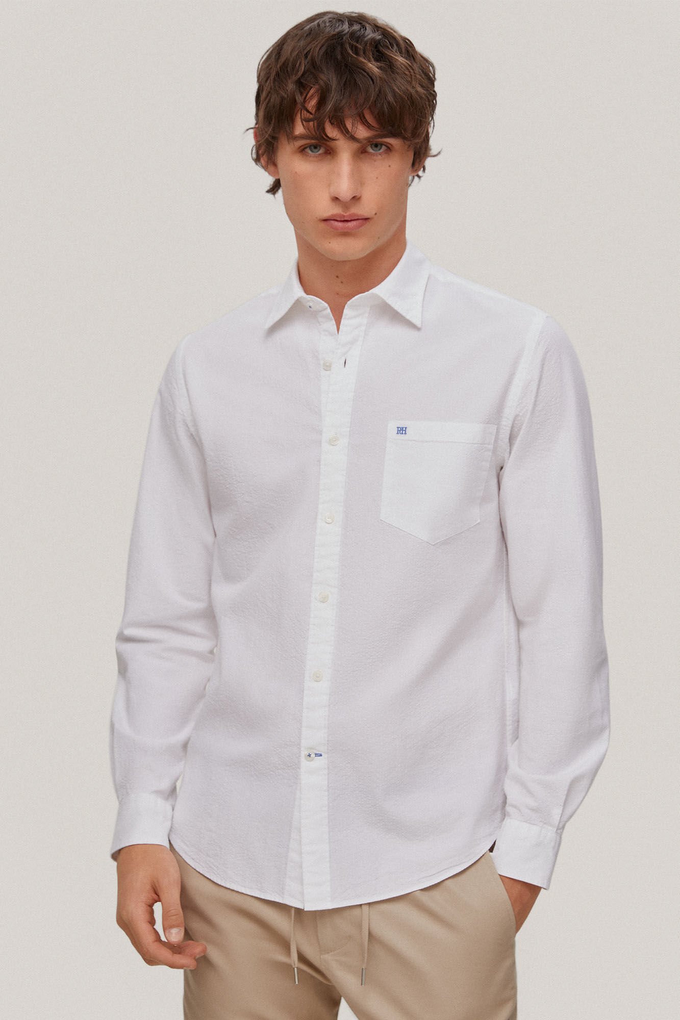 Camisa seersucker lisa manga larga - Branco