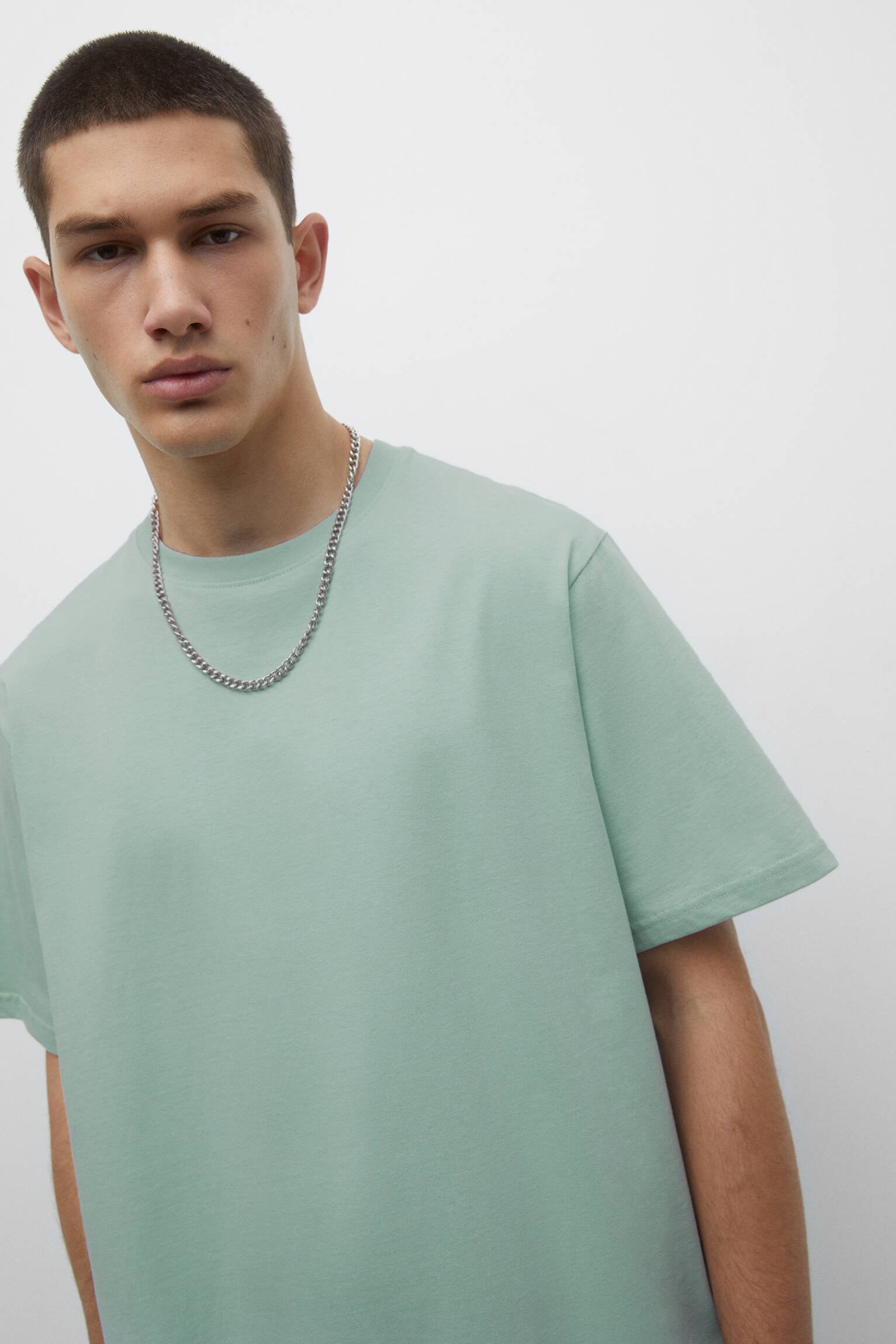 CAMISETA BÁSICA DE ALGODÃO DE MANGA CURTA - VERDE-ÁGUA
