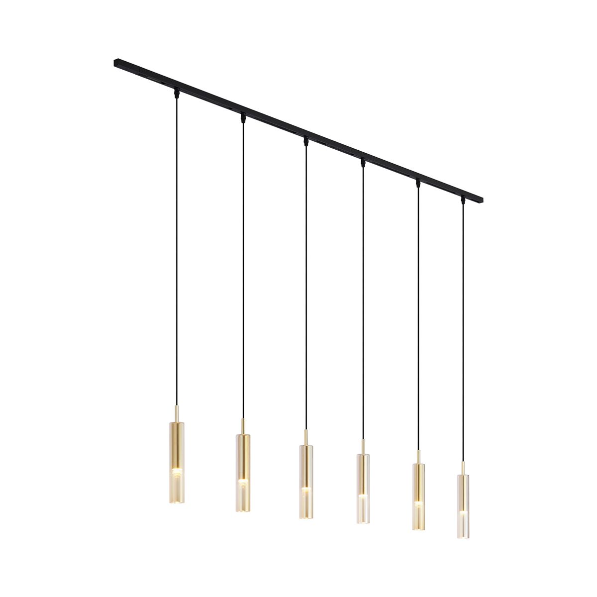 Modern railsysteem zwart met 6 hanglampen goud met amber glas 1-fase - Slimline Loyce