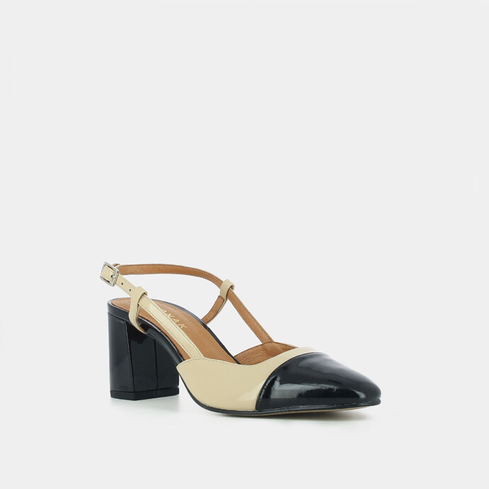 Babies à talons  en cuir vernis noir et beige